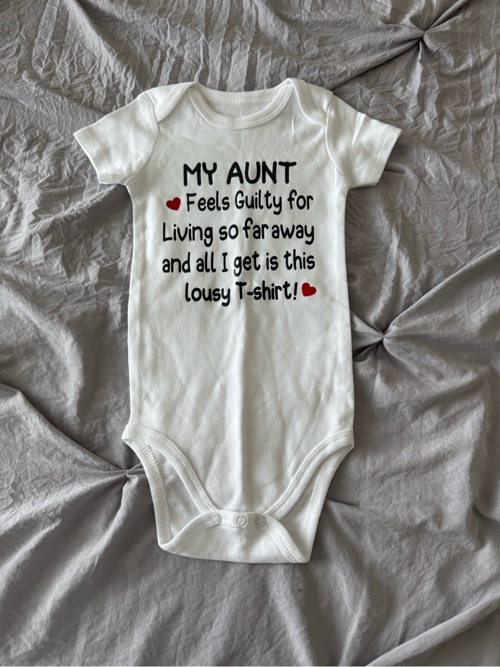 White Baby One-Piece Bodysuit - My Aunt Feels Guilty Print NWOT